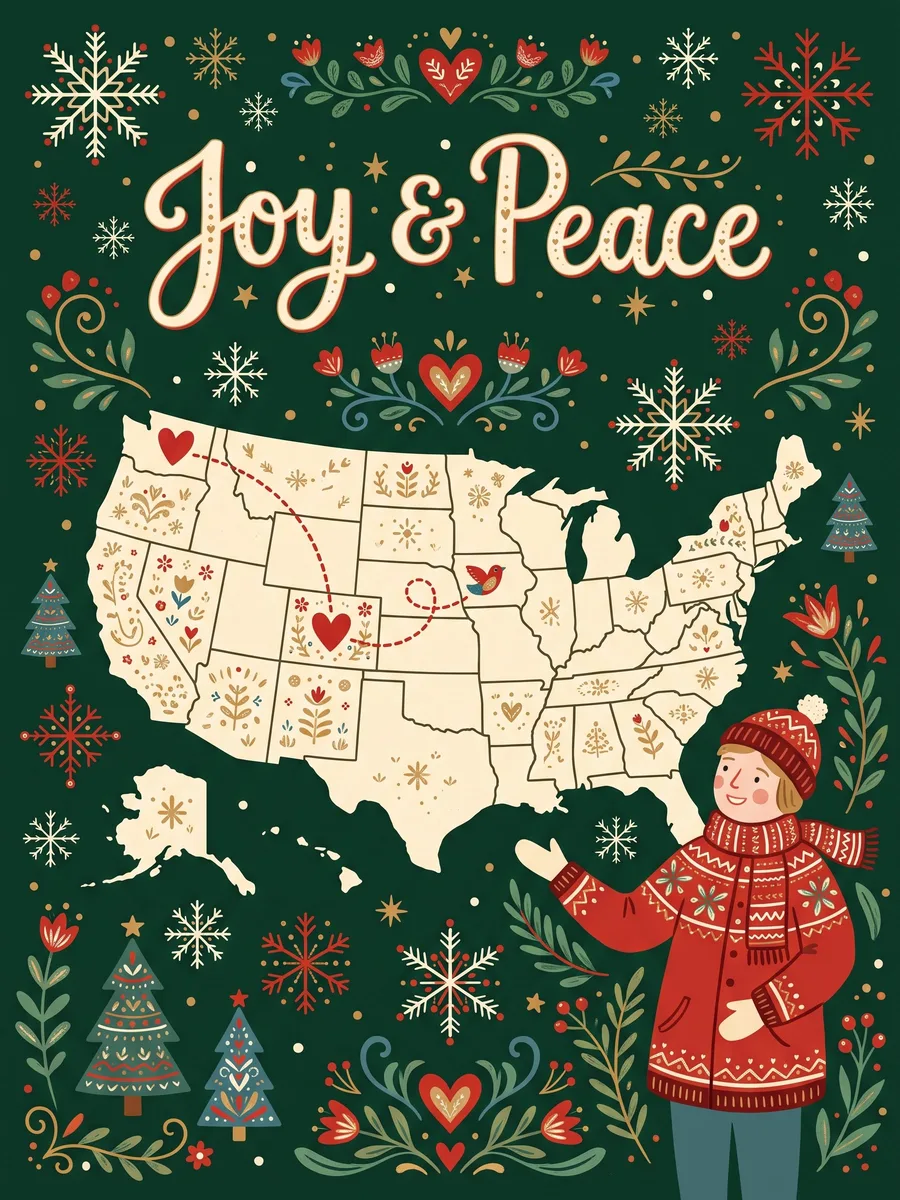 A Joy and Peace card of a person in a red sweater pointing to hearts across a map of the US