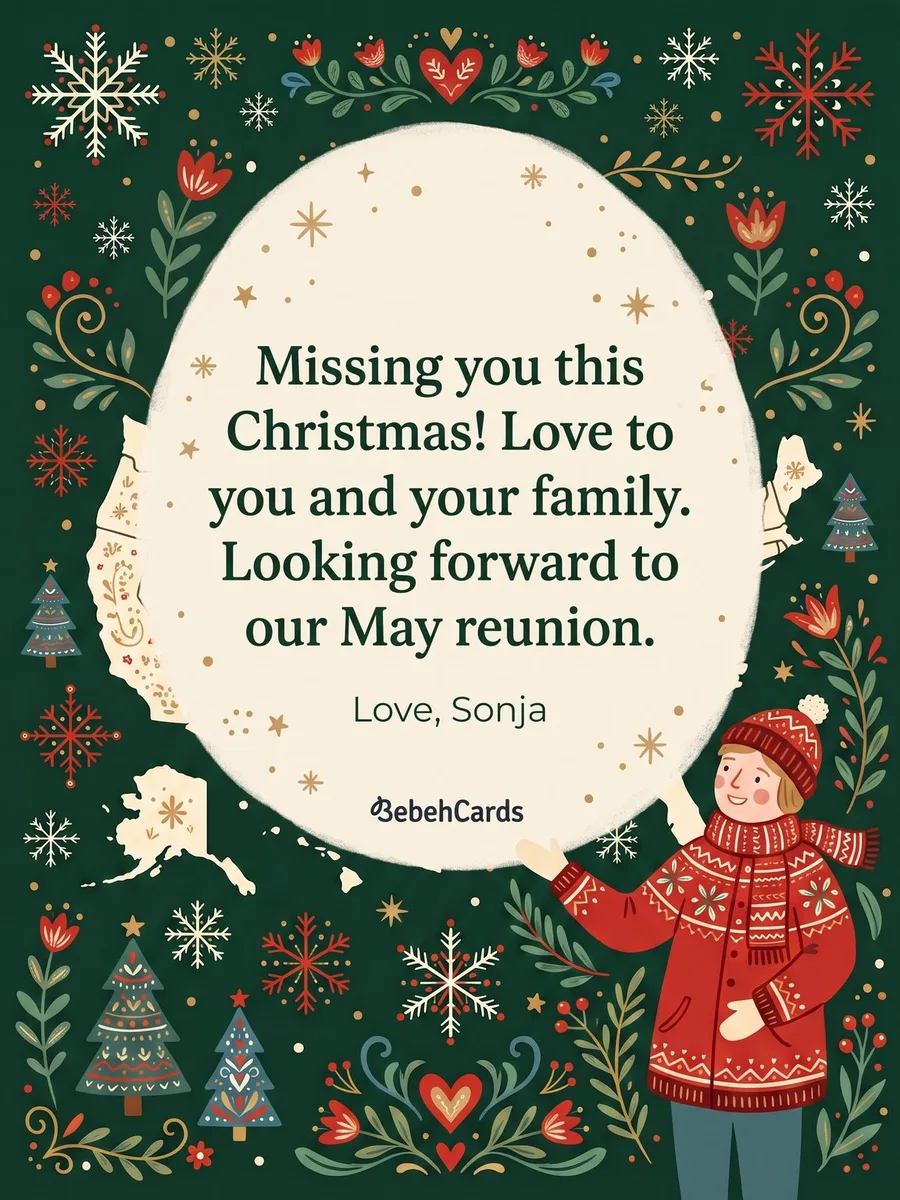Back of the card: Missing you this Christmas! Love to you and your family. Looking forward to our May reunion. Love, Sonja