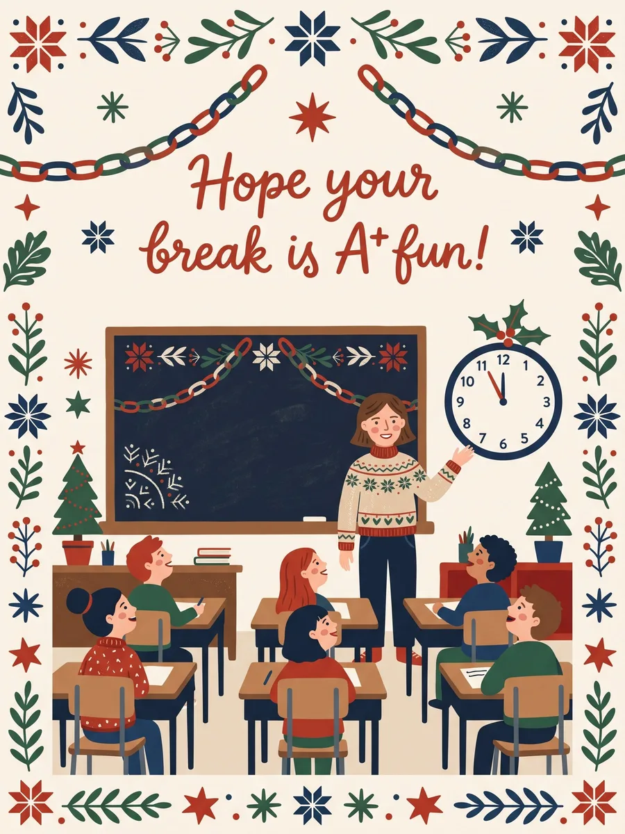 A Hope your break is A+ fun card of a teacher in a decorated classroom