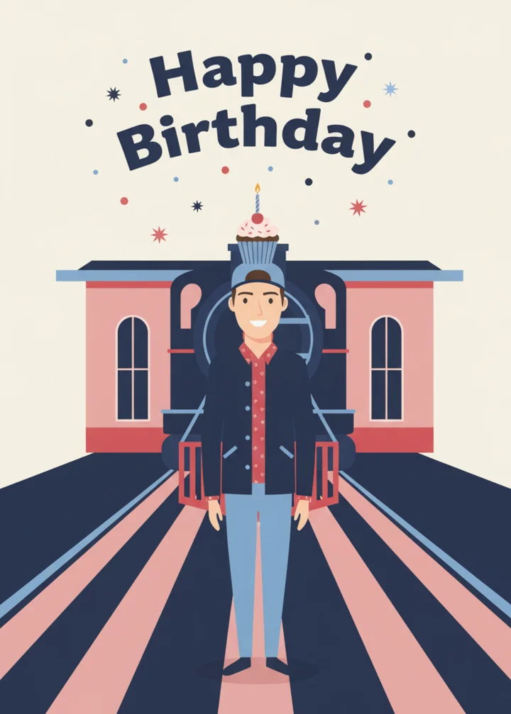 Minimalist birthday card: a man with a cupcake on his cap in front of a train station