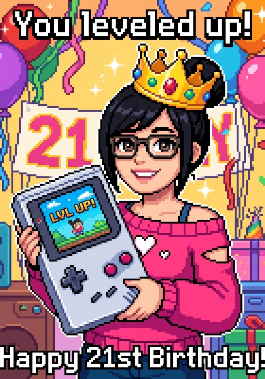 Personalized greeting card in a nostalgic pixel art style