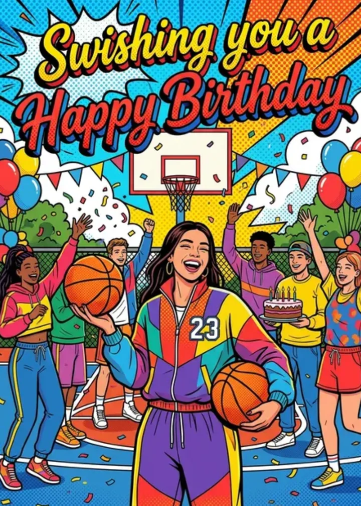 Pop Art birthday card: friends cheering on a basketball court, Swishing you a Happy Birthday