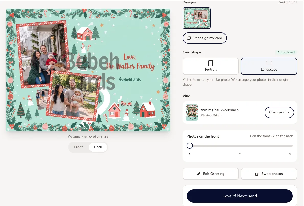 The BebehCards design screen showing the back of the Walker Family card, with Redesign my card, card shape, vibe, photos on the front, Edit Greeting, Swap photos and a Love it! Next: send button