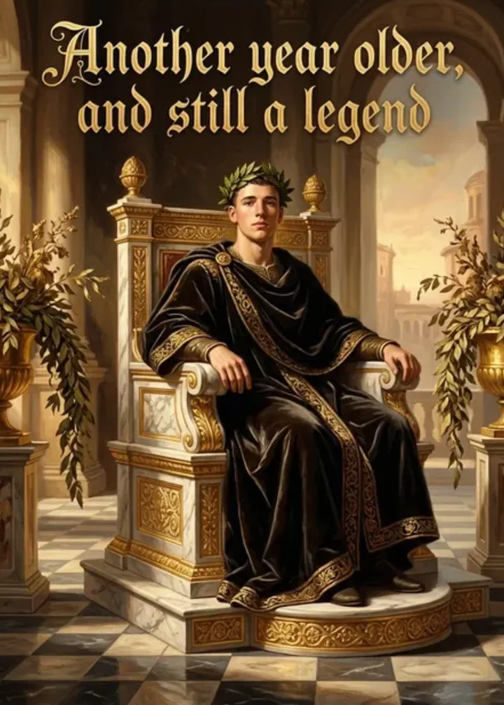 Renaissance birthday card: a young man in a laurel crown on a marble throne, Another year older, and still a legend