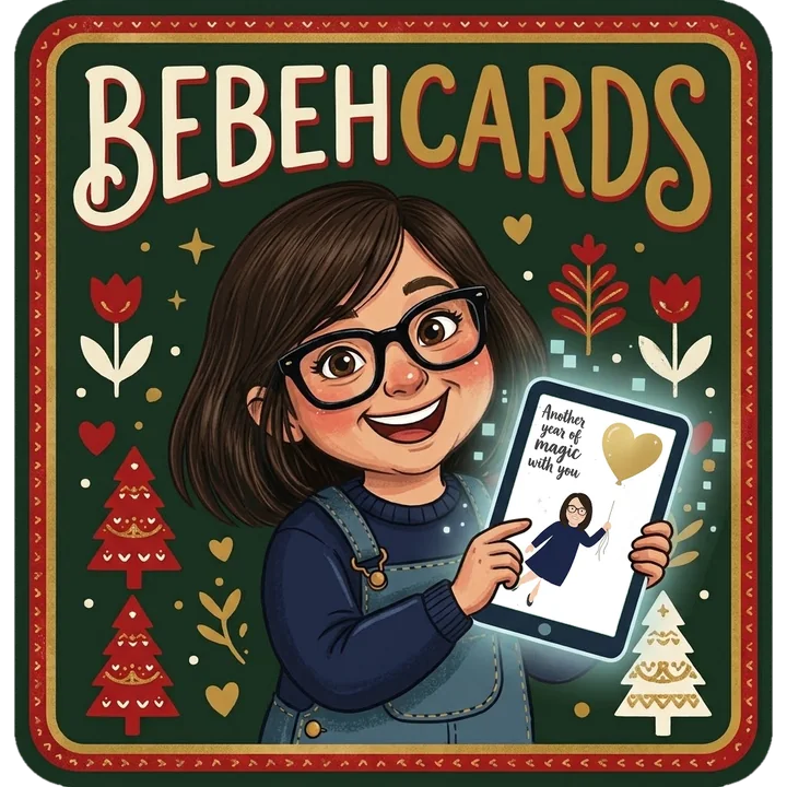 Illustrated portrait of Sonja, founder of Bebeh Cards, holding a tablet showing a personalized “Another year of magic with you” card
