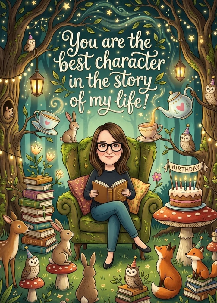 Surreal storybook birthday card: a woman reading in a mossy armchair in an enchanted forest with owls, foxes and a birthday cake