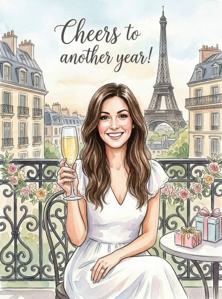 Version 2: Water Color birthday card, Cheers to another year, in a white dress on a Paris balcony