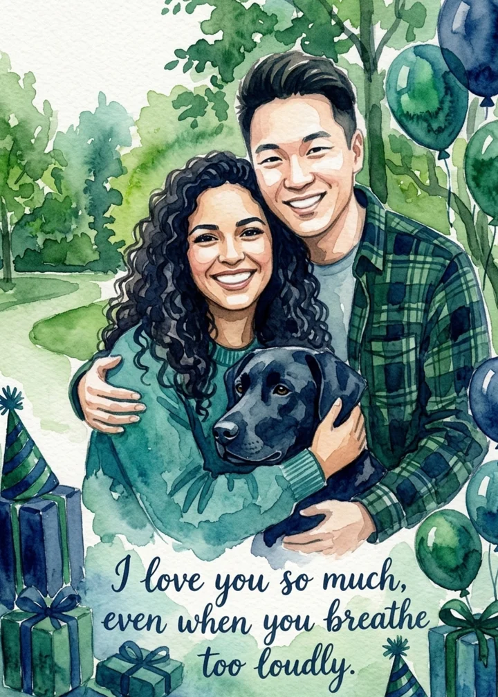 Water Color birthday card of a couple and their black Lab with balloons and gifts