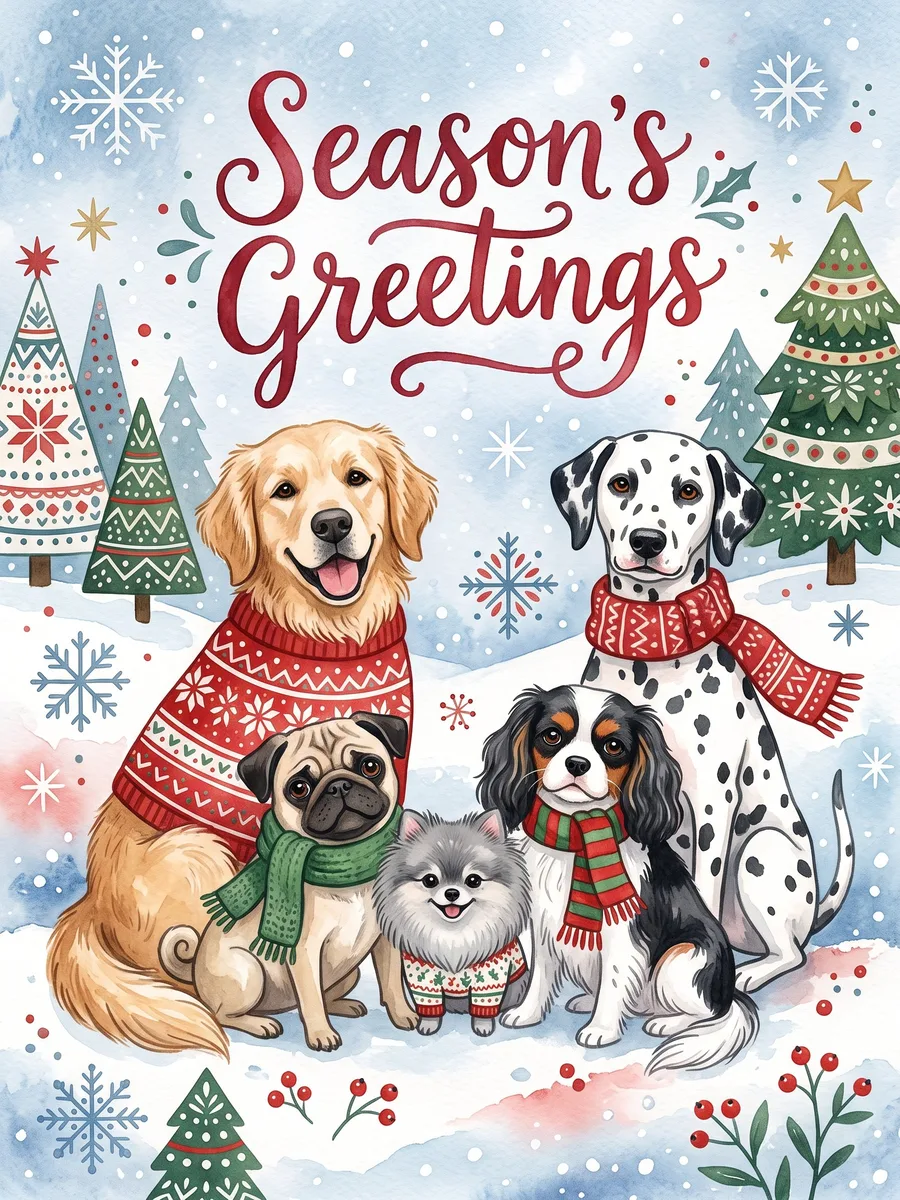 A watercolor Season's Greetings card of five dogs in sweaters and scarves in the snow