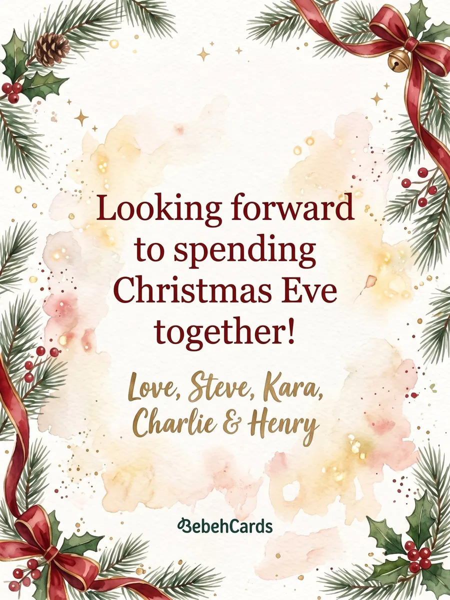 Back of the card: Looking forward to spending Christmas Eve together! Love, Steve, Kara, Charlie & Henry