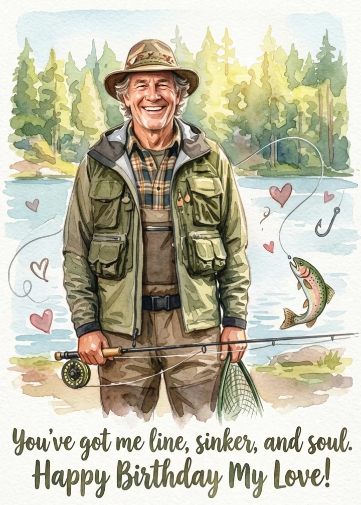 Water Color fishing birthday card for a husband, with a leaping trout and hearts