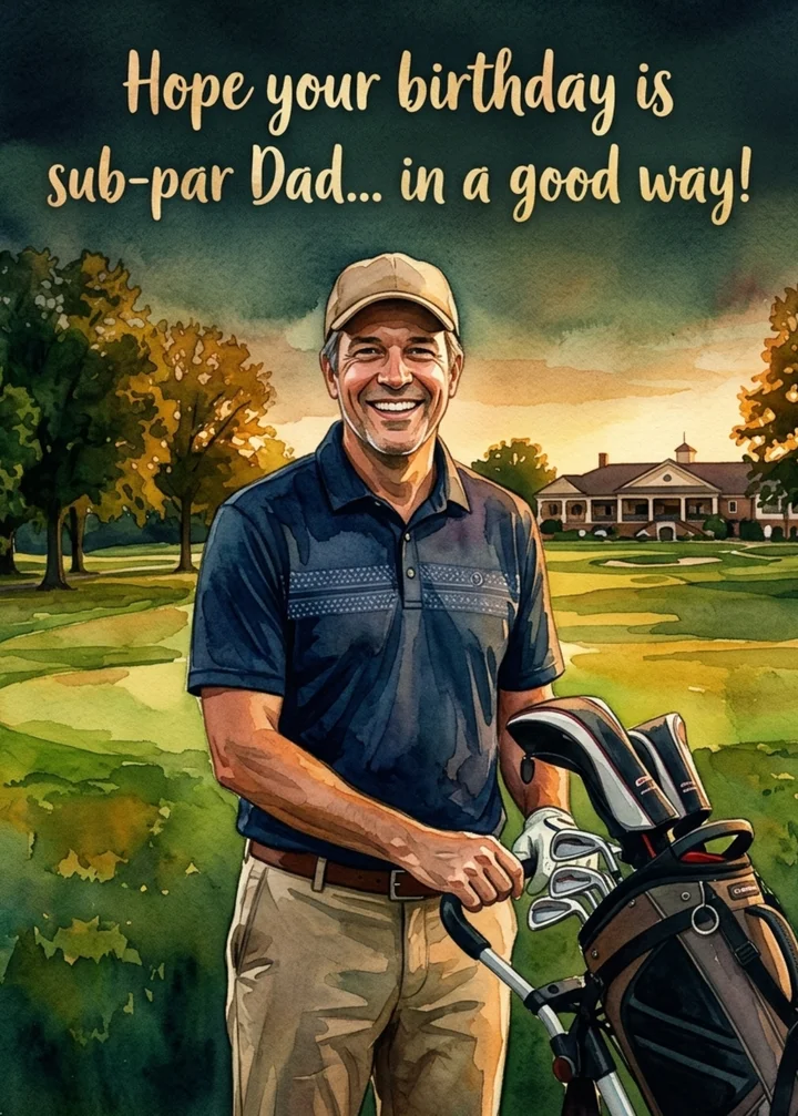 Water Color golf birthday card for Dad with a sub-par pun