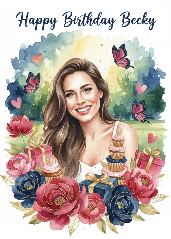 Water Color birthday card: a smiling woman surrounded by peonies, butterflies, cupcakes and gifts, Happy Birthday Becky